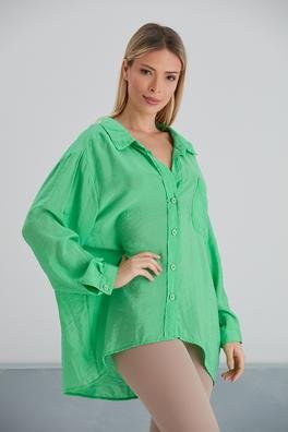 Yoyoso Kadın Yeşil Salaş Kalıp Uzun Kol Parlak Gömlek