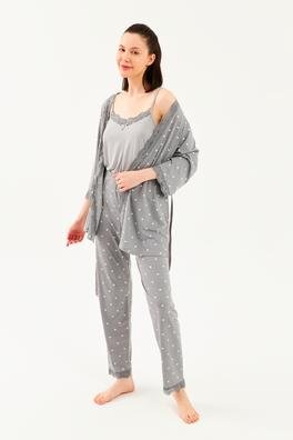 Ecrou Kadın Gri Puanlı İp Askılı Truvakar Kol Uzun Alt 3Lü Pijama Takım