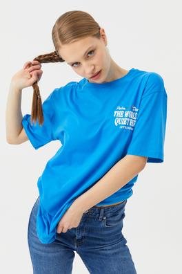 Ecrou Kadın Mavi The World Ön Ve Sırt Baskılı Oversize Tshirt