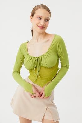 Ecrou Kadın Neon Yeşil Önü Drapeli Altı Tül Detay Crop Bluz