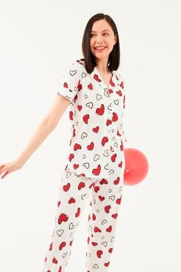 Ecrou Kadın Beyaz Kırmızı Kapli Düğmeli Kısa Kol Pijama Takım